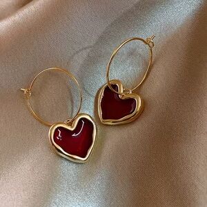 Gold and Red Heart Hoop Earrings